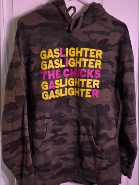 Camo "Gaslighter" Graphic Hoodie with Pink & Yellow Text
